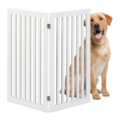 Image of Relaxdays Dog Barrier, Freestanding Protective Gate, HxWxD: 91.5 x 103 2 cm, MDF, Foldable, Door Safety Guard, White, Fibreboard
