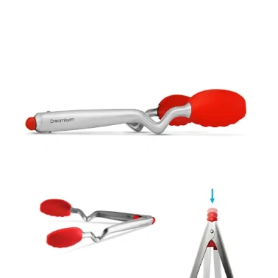 Image of Dreamfarm Clongs Non Scratch, Stainless Steel Click Lock Sit Up Tongs with Silicone Heads Red, 9 Inches