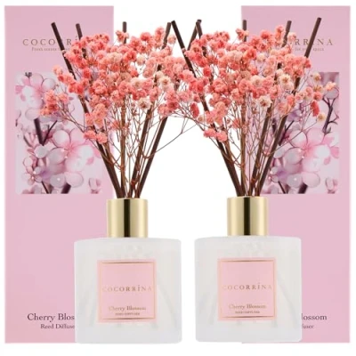 Image of COCORRÍNA Reed Diffuser Set, Cherry Blossom 200ml*2 Packs Scented with Sticks Home Fragrance for Bedroom Bathroom Living Room, &amp; Office Decor
