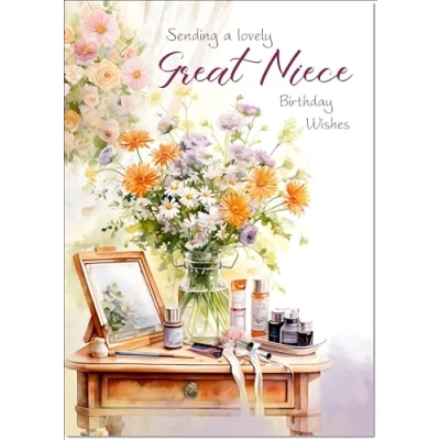 Image of doodlecards Niece Birthday Card Dressing Table Bouquet Medium Size with Plain Envelope