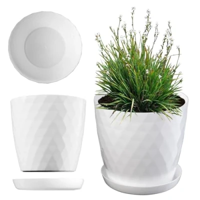 Image of KADAX Plastic Flower Pot, Durable Plant Pot with Saucer for Houseplants, Decorative Planter in Several Colours Indoor Use (White, 12 cm)