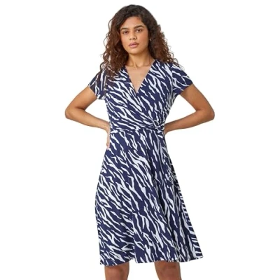 Image of Roman Originals Stretch Wrap Dress for Women UK Ladies Fit &amp; Flare Skater Summer Spring Holiday V Neckline Comfy Short Sleeve Soft Knee Length Frock Everyday Gowns Navy White Size 20