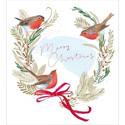 Image of Woodmansterne Charity Christmas Cards Pack of 5 Age UK, Marie Curie, BHF, Mind Special Finish Artistic Festive Design Robins Wreath Made in The UK Eco Friendly