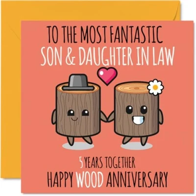 Image of Cute Wooden Anniversary Card for Son &amp; Daughter In Law 5 Years Together Happy 5th Wedding Cards Son, 145mm x Greeting Fifth Anniversaries