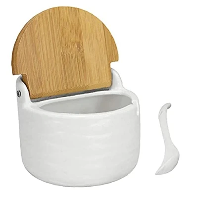 Image of Yililay Sugar Bowl Ceramic Pot Jar Salt Cellar Container with Reversible Bamboo Lid Spoon for Spice White