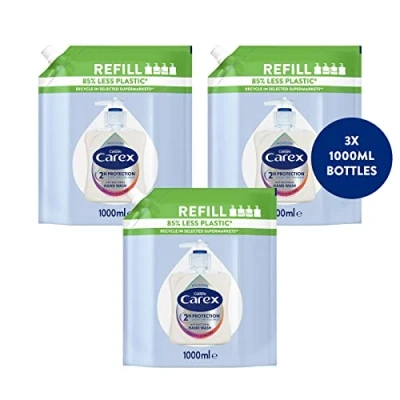Image of Carex 2 Hour Protection Antibacterial Moisture Hand Wash Refills, Liquid Soap Eco Refill for Homes &amp; Businesses, Caring Wash, Bulk Buy, Pack of 3 x 1 litre