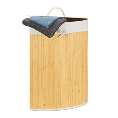 Image of Relaxdays Bamboo Corner Basket, 65 x 49.5 37 cm, 64L, Folding Hamper with Laundry Sack, Creme