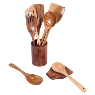 Image of EACTEL 9 PCS Wooden Spoons for Cooking, Utensils Cooking with Holder, Teak Kitchen Set