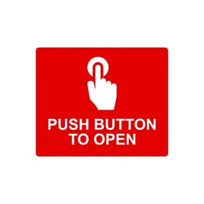Image of Push Button To Open Sign, Adhesive Sticker Notice, engraved with Universal Icon Symbol and Text (Size 12cm x 10cm) (Red)