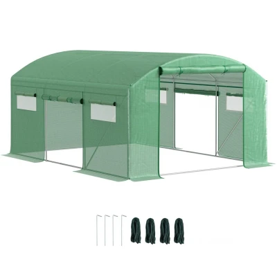 Image of Outsunny 4 x 3 2m Polytunnel Greenhouse with Roll up Doors and Mesh Windows, Walk in Garden Tunnel Warm House Tent UV resistant PE Cover Galvanised Steel Frame, Green