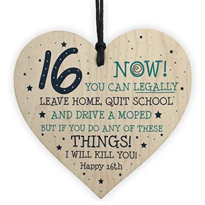 Image of RED OCEAN Funny 16th Birthday Gift Hanging Wood Heart Daughter Son