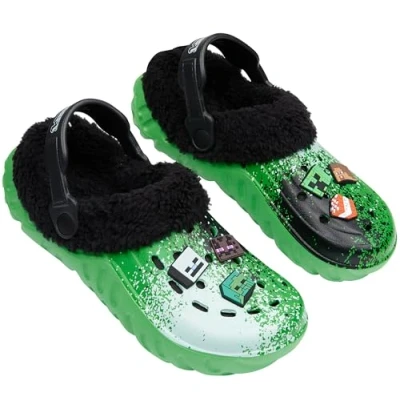 Image of Minecraft Boys Winter Clogs Fleece Lining &amp; Charms, Kids Teens Garden Shoes Slip On with Strap (Green/Multi, 5/6 UK)