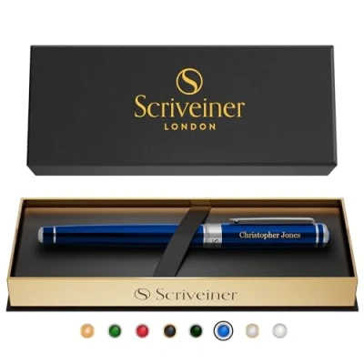 Image of Scriveiner Personalised Midnight Blue Pen Stunning Lacquer Luxury Pen, Chrome Finish, Schmidt Ink Refill, Best Engraved Roller Ball Gift Set for Men &amp; Women, Custom Name Engraving