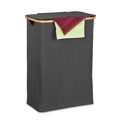 Image of Laundry Basket with Lid, 105 l, Washing Hamper, Bamboo &amp; Polyester, Folding, Portable, Storage, Black/Natural Relaxdays