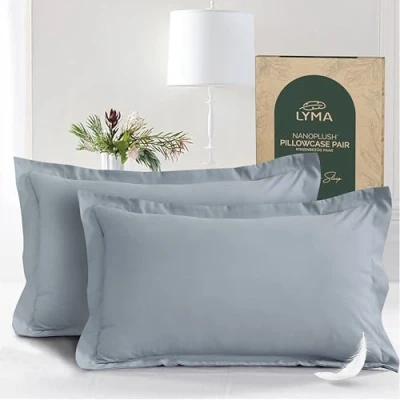 Image of LYMA Bedding Pillow Cases 2 Pack, Ultra Soft Breathable Oxford Cover, OEKO TEX Certified, Nanoplush Double Brushed Quick Dry Pillowcases, Envelope Closure Wrinkle Fade Resistant 50x75 CM, Light Grey