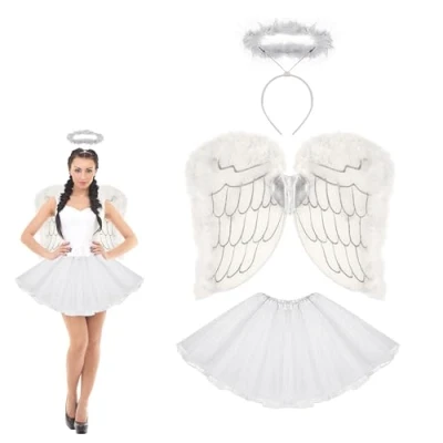 Image of Lizzy Adult White Angel Costume 3pc sparkling Feather Wings,Halo &amp; Tutu Skirt Fairy Outfit Halloween Fancy Dress for Carnival Christmas Hen Party