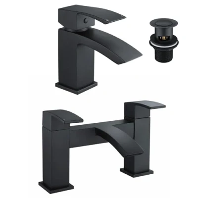 Image of Nes Home Arke Waterfall Black Matt Bath Filler &amp; Basin Mixer Tap Set + Waste