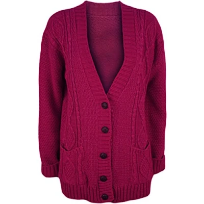 Image of WearAll Womens Cable Knitted Button Cardigan Long Sleeve Ladies Boyfriend Top Cerise 20 22