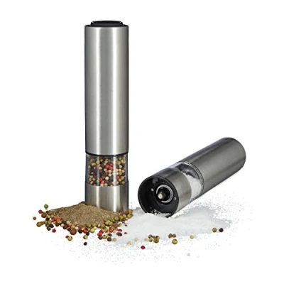 Image of Relaxdays Electric Pepper Mill Set, Light, Salt Grinder, Stainless Steel, Ceramic Mechanism, Battery Powered, Silver