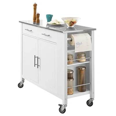 Image of SoBuy FKW108 W, Kitchen Storage Trolley Cart with Stainless Steel Worktop, Island Cabinet Cupboard Sideboard on Wheels