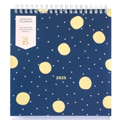Image of Busy B 2025 Desk Calendar Jan to Dec, Navy &amp; Gold Spot with Built in Stand Flip Top Binding A5 Work for Office or Home Year Planner Pockets Organised Planning