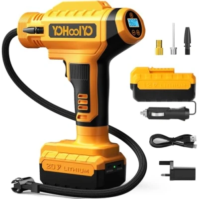 Image of YOHOOLYO Cordless Tyre Inflator Air Compressor 150PSI and 12 Volt DC Car Pump Powered Portable Handheld Motorcycles Bicycles (Yellow, 150PSI)