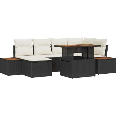 Image of vidaXL 7 Piece Garden Dining Set with Cushions Black Poly Rattan Acacia