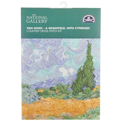 Image of DMC Cross Stitch Kit Van Gogh A Wheatfield, with Cypresses, Includes Stranded Cotton, 16ct Aida Fabric, Needle, Chart and Instructions
