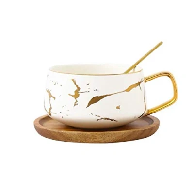 Image of Eplze YBK Tech Porcelain Tea Cup Coffee Mug Set for Afternoon Marble Pattern (White, Short 300ml + Wood Saucer)
