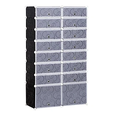 Image of HOMCOM 16 Cube Shoe Rack, 2 x 8 Tier Storage Cabinet, Modular Plastic Shelves for Bedroom, Living Room and Entryway, Space Saving Footwear Organizer, 32 Pairs, White Black