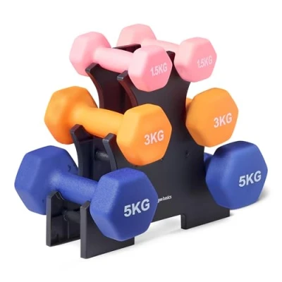 Image of Amazon Basics Neoprene Dumbbell Weights with Stand, Set of 3 Pairs (1.5 kg, 5 kg), Multicolor