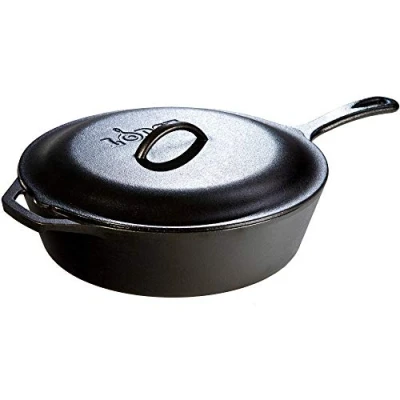 Image of Lodge 4.73 litre / 5 quart Pre Seasoned Cast Iron Deep Round Skillet Frying Pan with Lid