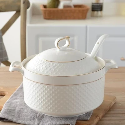 Image of NNYCC White Soup Tureen with Gold Design,Double Handle Serving Bowl Lid and Spoon Bone China Tableware,2.2L