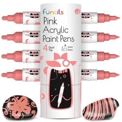 Image of 4 Dual Tip Pink Paint Pen Metallic Fine &amp; Medium Acrylic Markers Marker for Metal, Wood, Rock Painting, Canvas, Ceramic, Glass, Fabric, Leaf and Plastic Water based Ink