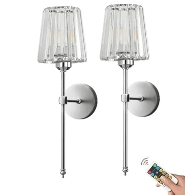 Image of Modern Wireless Wall Sconces Battery Operated Lights Set of 2, Not Hardwired USB Rechargeable Lamps, Dimmable Clear Glass Lighting Fixture for Bathroom Bedroom Vanity Living Room Hallway(Sil