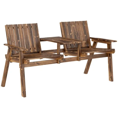 Image of Outsunny 2 Seater Wooden Garden Bench, Antique Loveseat Chair with Table &amp; Parasol Hole, Outdoor Bench for Porch, Patio, Carbonised Finish