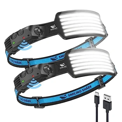 Image of Smiling Shark Rechargeable Headlamp, 230Wide Angle 6*White Light The Brightest LED Head Lamp with Motion Sensor Waterproof Headlight for Camping Hiking Outdoor, Frontale