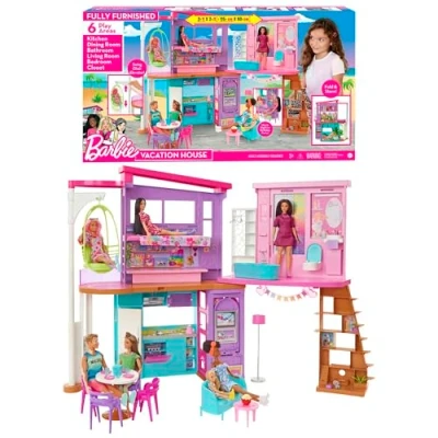 Image of Barbie Vacation House, 2 Storey Fully Furnished House with 6 Play Areas, Swing Chair Elevator, 30 Accessories, Fold and Store, Toys for Ages 3 Up, One Toy HCD50