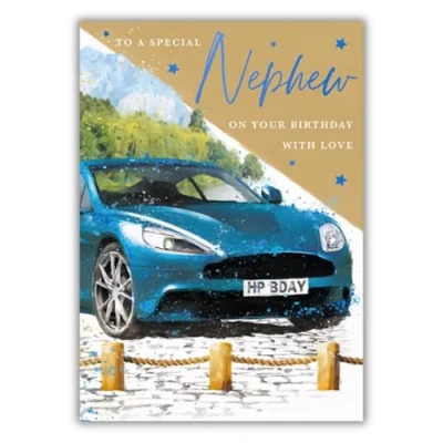 Image of Words and Wishes Special Nephew Birthday Card Blue Car Stars with Embossed Foil Finish
