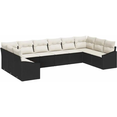 Image of vidaXL 10 Piece Garden Dining Set with Cushions Black Poly Rattan