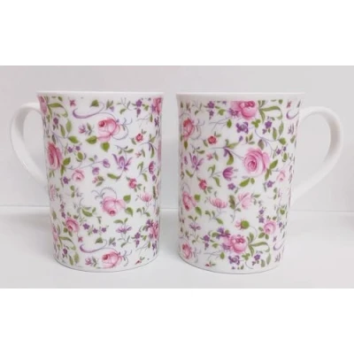 Image of Rainbow Decors Royal Chelsea Mugs Set 2 Fine China Pink &amp; Purple Flowers Floral Windsor Cups Hand Decorated in UK