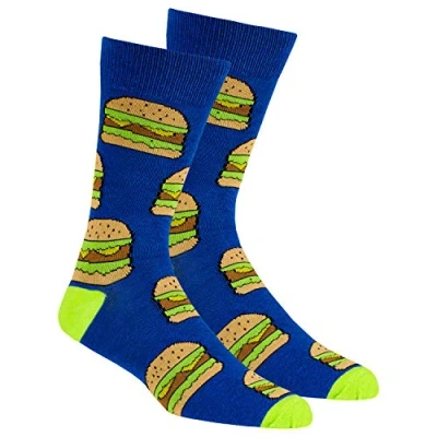 Image of Mens Crew Socks Mid Calf Funky Colorful Funny Cotton Food Blue Hamburger Size 6 11