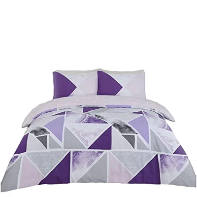 Image of GC GAVENO CAVAILIA Geometric Duvet Cover Set, Luxury Soft &amp; Cosy Printed Reversible Marble Quilt Bedding Sets, Double, Purple/Grey