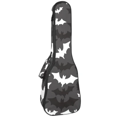 Image of VAPOKF Ukulele Bag, Case for Soprano Tenor Concert 23 Inch 10MM Thick Soft Padded Adjustable Straps Gig Halloween Bats Silhouette