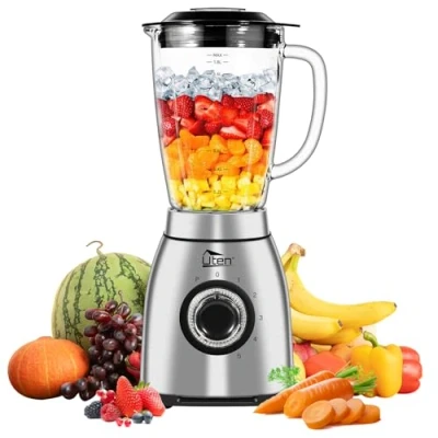 Image of Uten Blender 2L Glass Jug, Smoothie &amp; Food Blender, 5 Speeds, Pulse Function, Kitchen Table with 6 Blades, Stainless Steel Housing, Make Milkshakes, Fruit Juices, Grindable Coffee, 1800W