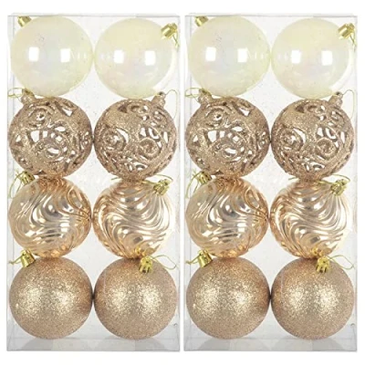 Image of Pack of 16 Christmas Tree Baubles Large Decorations Assorted Designs 8cm Champagne