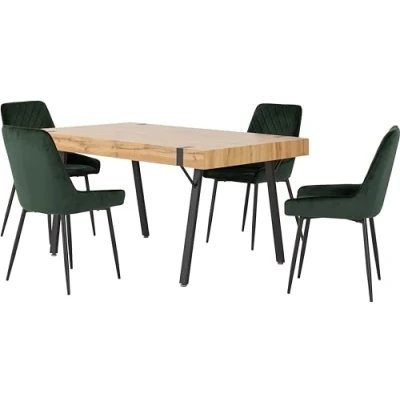 Image of Seconique Treviso Dining Table Set with 4 Avery Chairs in Light Oak Effect/Emerald Green Velvet