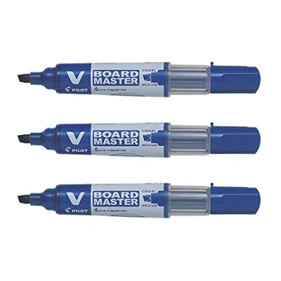 Image of Pilot V Board Master Begreen Pack of 3 Refillable Markers Bevelled Tip Medium Blueaa