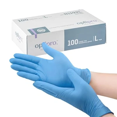 Image of OptiPro Nitrile Gloves Powder Free EN455 Medical Standard Pack of 100 Blue Ambidextrous Latex Disposable for Examination (Large)