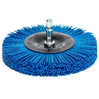 Image of S&amp;R NYLON Disc Brush / WIRE Drill Bit 100 mm, hexagonal shaft 1/4&#039; (6.35 mm) with FINE for cleaning and polishing wood metal